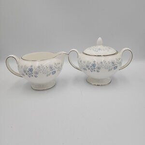 Vintage Wedgwood Belle Fleur Footed Creamer and Lid Sugar Bowl Set Blue White